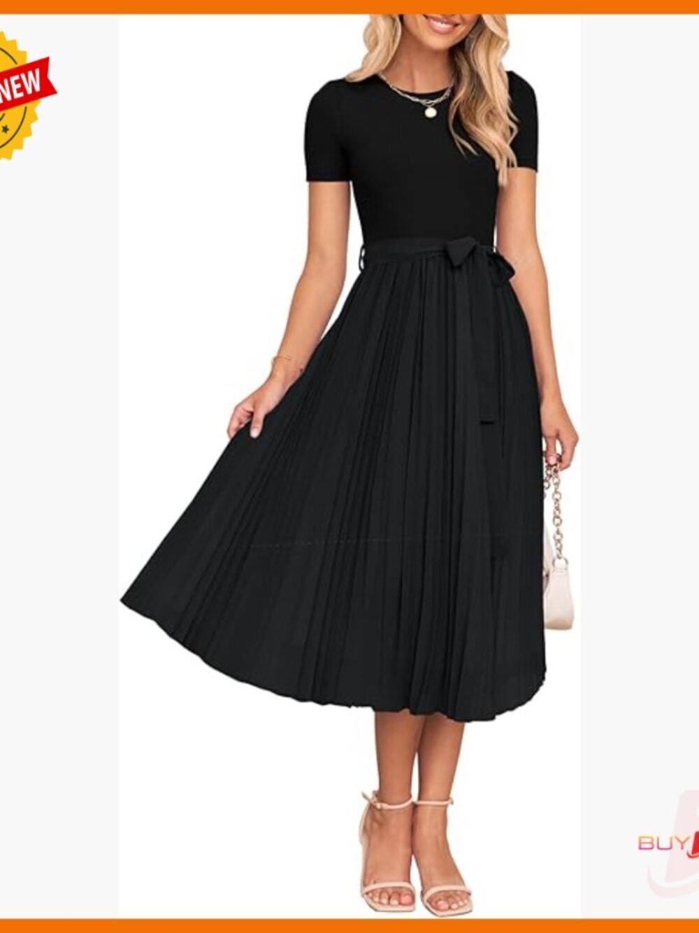 Summer Short Sleeve Midi Dress Crewneck Knit Belted Pleated A-Line Flowy